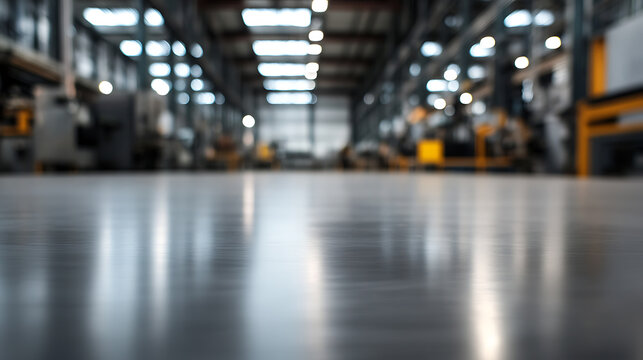 Industrial Space: A vast, open factory floor with reflective concrete, diffused daylight streaming from above, and blurred machinery silhouettes in the background.