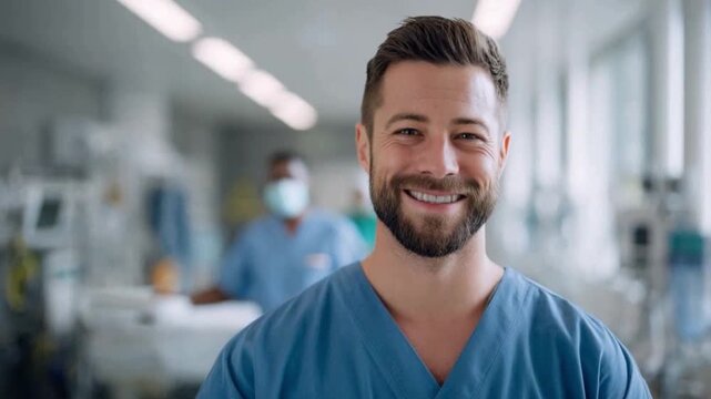 Smiling Healthcare Professional: A close-up portrait of a cheerful healthcare professional radiates warmth and positivity amidst the modern backdrop of a hospital.