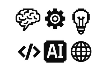 Fototapeta premium Bold linear icons of brain, gear, lightbulb, code, ai, and globe for innovation concepts