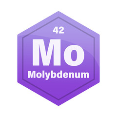 Molybdenum chemical element tile. Atomic number 42. Mo chemical sign. Bright violet Vector hexagon.