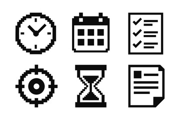 Pixel art icons: clock, calendar, task list, target, hourglass, document