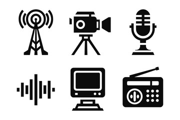 Fototapeta premium Silhouette media icons: antenna, camera, microphone, sound wave, monitor, radio
