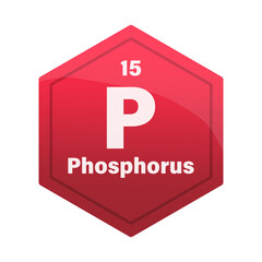 Phosphorus chemical element tile. Atomic number 15. P chemical sign. Deep red Vector hexagon.