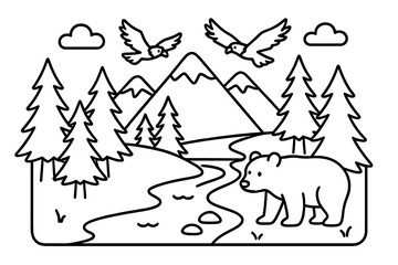 Fototapeta premium Bear by Mountain River. Mountain landscape with a river, pine trees, eagles flying, and a bear near the water, black and white