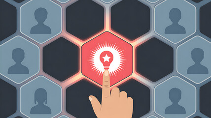 A hand touches a red hexagon with a lightbulb inside, surrounded by grey hexagons with people icons, symbolizing a new idea in a team setting