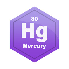 Mercury chemical element tile. Atomic number eighty. Hg sign Vector icon. Blue purple gradient hexagon.