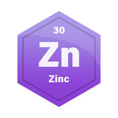 Zinc chemical element tile. Atomic number thirty. Zn sign Vector icon. Purple violet gradient hexagon.