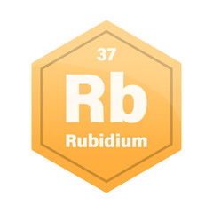 Rubidium chemical element tile. Atomic number thirty seven. Rb sign Vector icon. Orange brown gradient hexagon.