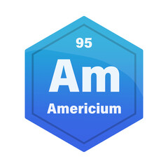 Americium chemical element tile. Atomic number ninety five. Am sign Vector icon. Dark blue gradient hexagon.