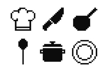 Pixel art kitchen icons: chef hat, knife, pan, spoon, pot, plate set