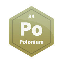 Polonium chemical element tile. Atomic number eighty four. Po sign Vector icon. Olive green gradient hexagon.