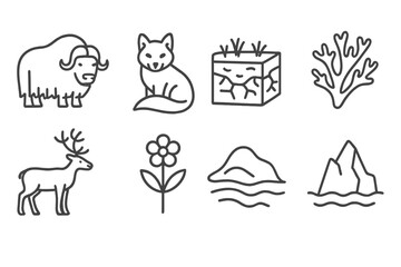 Tundra Icons Collection. Line style icons of Tundra: Musk Ox, Arctic Fox, Permafrost, Lichen, Caribou, Tundra Flower, Snowdrift,