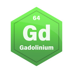Gadolinium chemical element tile. Atomic number sixty four. Gd sign Vector icon. Bright green gradient hexagon.