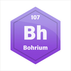 Bohrium chemical element tile. Atomic number one hundred seven. Bh sign Vector icon. Dark purple gradient hexagon