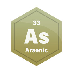 Arsenic chemical element tile. Atomic number thirty three. As sign Vector icon. Gold green gradient hexagon.