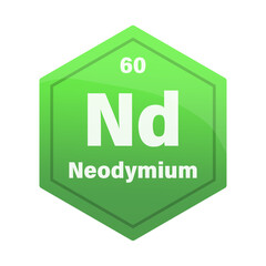 Neodymium chemical element tile. Atomic number sixty. Nd sign Vector icon. Bright green gradient hexagon