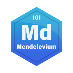 Mendelevium chemical element tile. Atomic number one hundred one. Md sign Vector icon. Bright blue gradient hexagon.