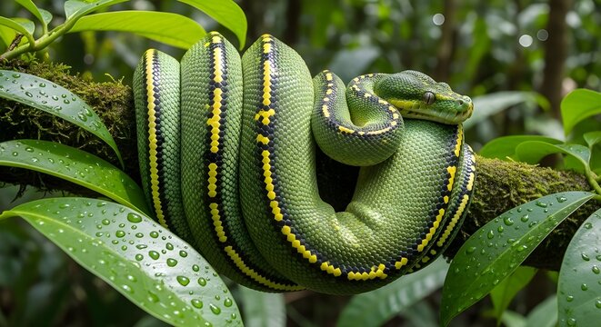 A vibrant green python coiled around a moss-covered tree branch, blending seamlessly with lush tropical foliage. Sunlight filters through dense leaves, creating dappled light patterns on the snake’s s
