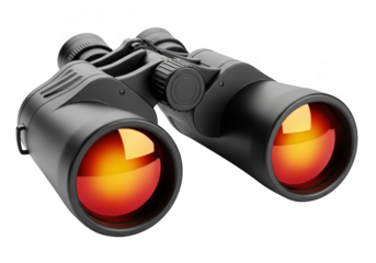 Black binoculars with reflective orange lenses, isolated on transparent background