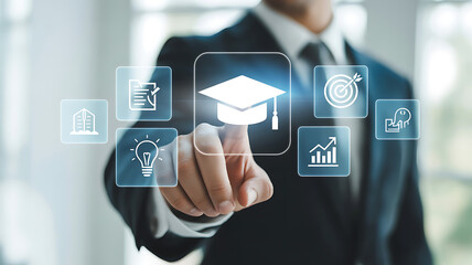 A businessman is touching a virtual graduation cap icon, representing education, elearning, and skill development for career advancement and knowledge acquisition