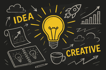 Innovative Workspace Sketch. Creative workspace vector illustration with dynamic sketches and lightbulb graphics on a dark