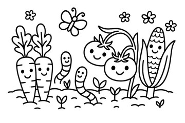 Smiling Garden Vegetables. Funny vegetable garden with carrots, tomatoes, and corn smiling while worms and butterflies play, black