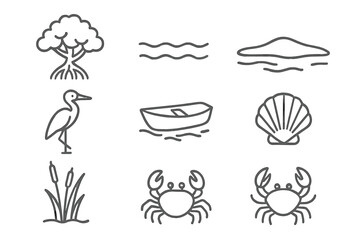 Obraz premium Mangrove Lagoon Icons. Line style icons of Mangrove Lagoon: Mangrove Tree, Calm Water, Sandbar, Seabird, Small Boat, Shell, Reeds,