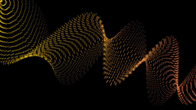 Abstract particle wave in yellow and orange on black background. flowing dotted lines, futuristic motion, digital tech energy pattern