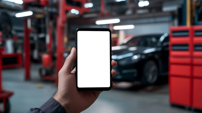 A hand holds a blank smartphone screen in a vibrant auto repair shop. Car lifts and toolboxes add depth and visual interest. Ideal for automotive-themed mobile apps.