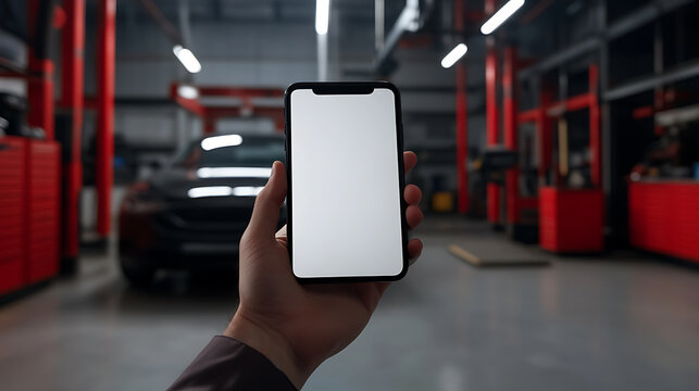 Close-up on a person holding a smartphone with a blank screen inside an auto repair shop, with a car lift in the background, ideal for showcasing mobile apps in the auto industry. - Powered by Adobe