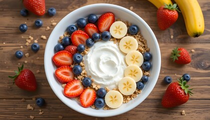 Overhead view of bowl filled with Greek yogurt, sliced strawberries, blueberries, banana, and granola, bright natural lighting, 