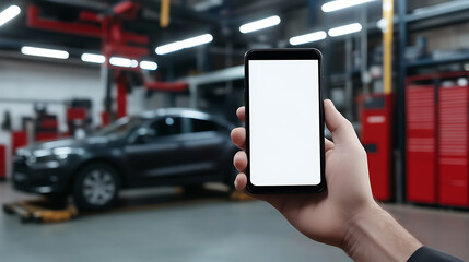 A person holding a smartphone with a blank white screen, car on a lift in the background.  A mobile connection for automotive service in a repair workshop.