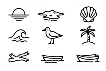 Obraz premium Sunset Sandbar Icons. Line style icons of Sunset Sandbar: Golden Reflection, Exposed Land, Tide, Shell, Seabird, Palm Tree,