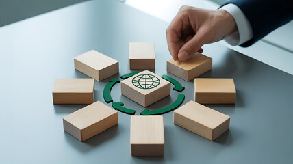 A person arranges wooden blocks in a circular pattern to represent the concept of circular economy, emphasizing sustainability and resource efficiency