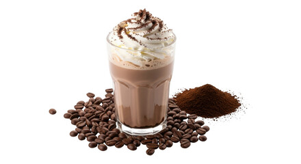 Mocha Latte Drink with Whipped Cream and Coffee Beans on Background