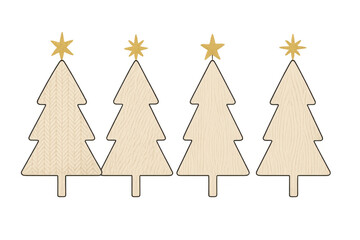 Fototapeta premium Christmas trees in wood and knitted textures with golden stars, seasonal holiday decoration