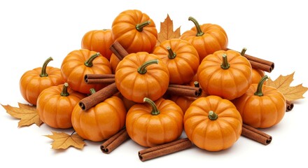 Obraz premium Pile of Mini Orange Pumpkins with Cinnamon Sticks and Autumn Leaves
