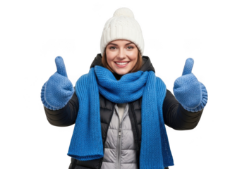 A smiling woman wearing winter clothes, a hat, scarf, and gloves, giving two thumbs up isolated on transparent background
