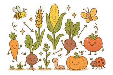 Fototapeta premium Whimsical Agroecology Farm. Whimsical doodle agroecology farm with smiling crops, cartoon vegetables and grains waving, cheerful
