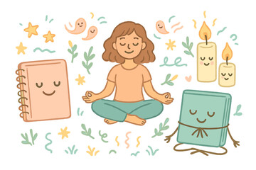 Whimsical Coping Doodles. Magical doodle coping strategies scene with smiling journals, cartoon meditation icons, friendly candles