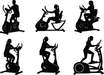 Silhouette vector illustration of people exercising on gym machines, stationary bikes, elliptical trainers, cardio workout, fitness training, health, lifestyle, and sport