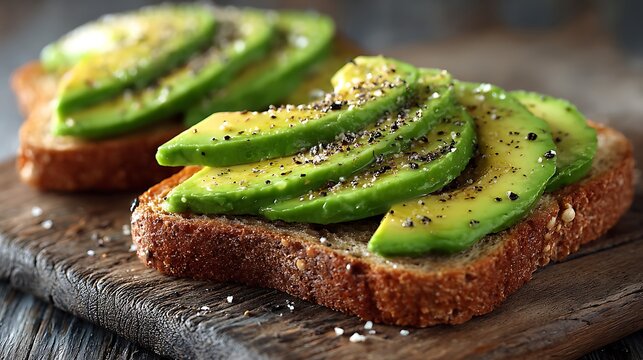 High quality image of avocado toast with sliced avocado, pepper and olive oil on a wooden board.
