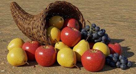 Bountiful Cornucopia Overflowing with Apples, Pears, and Grapes