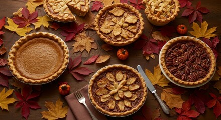 Variety of Festive Autumn Pies and Fall Leaves on Rustic Wooden Table