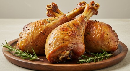 Golden Roasted Turkey Drumsticks with Herbs on a Wooden Serving Platter