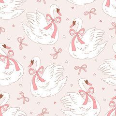 Retro Romantic Coquette White Swan with Bow Seamless Pattern, Girlish Vintage Valentine Day Background for Textile and Wrapping Paper