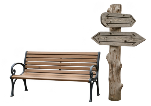 Wooden park bench and a rustic wooden directional signpost with two arrows, isolated on transparent background