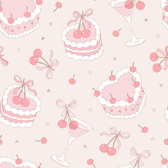 Romantic Vintage Coquette Cherry Cake and Martini Seamless Pattern, Girlish Retro Valentine Day Background for Textile and Wrapping Paper