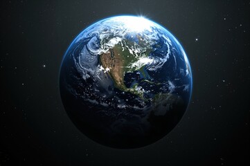 Fototapeta premium Glowing planet Earth floats in cosmic darkness, illuminated by sunlight and surrounded by stars