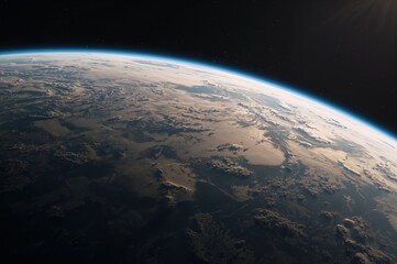 Fototapeta premium Glowing planet Earth floats in cosmic darkness, illuminated by sunlight and surrounded by stars